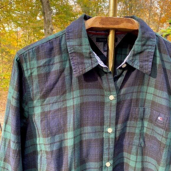 Tommy Hilfiger Black Green Check Plaid Button Front Blouse - Picture 3 of 5